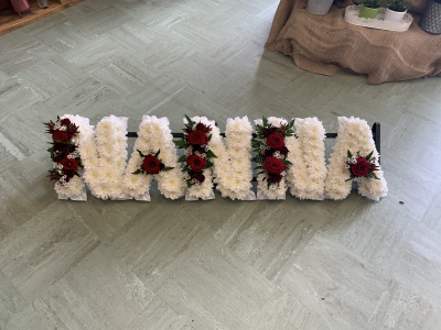 Floral Tribute Words - Create Names Or Words As A Funeral Tribute Your Choice Of Colour With Ribbon Or Foliage Edge