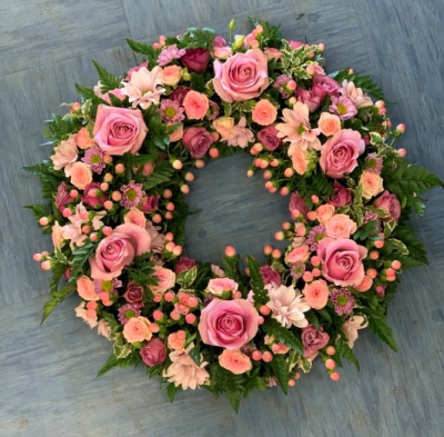 Loose Pink Wreath - Beautifully Arranged Pink Wreath Of Assorted Pink Flowers