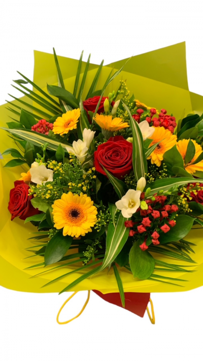 Pop Of Colour - Stunning Bouquet Of Reds And Yellows Including Red Roses