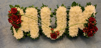 Mum Funeral Tribute - Beautiful Red And White Funeral Tribute With Foliage Edge