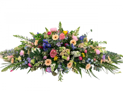 Summer Pastel Casket Spray - Beautiful Mix Of Pastel Colours And Summer Blooms. Delphinium, Roses, Snap Dragons, Peonie, Freesia, Gerbera, Stocks. Some Flowers May Be Substituted Due To Seasonal Availability