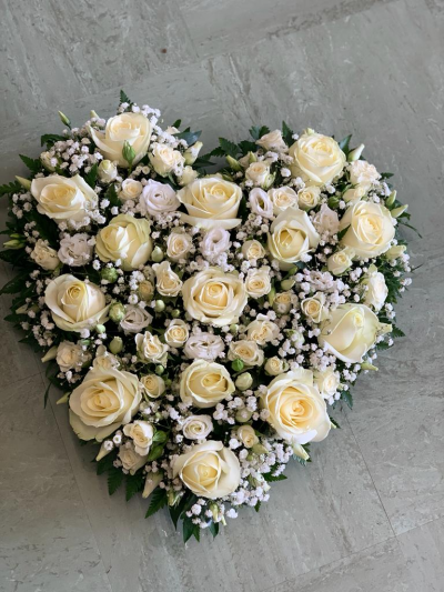 Loose Full Heart White - Loosely Based Full Heart Of White Roses, Spray Roses And Gypsophelia