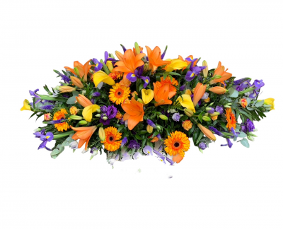 Vibrant Casket Spray - Stunning Combination Of Rich Oranges, Purples And Yellows