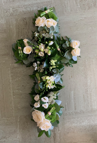 Clustered Loose Cross - Loose Cross Of Folded Foliage, Eucalyptus, Roses, Freesia, Astrantia