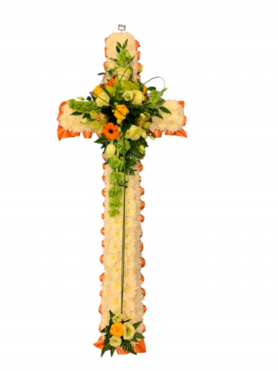 Funeral Tribute Cross - White Chrysanth Based Cross With Ribbon Edge And Large Spray In The Center

Foliage Edge And Other Colours Available