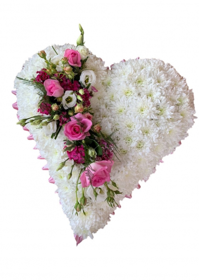 Full Heart Pink - Pink Full Heart Funeral Tribute With Ribbon Edge And Large Pink Spray