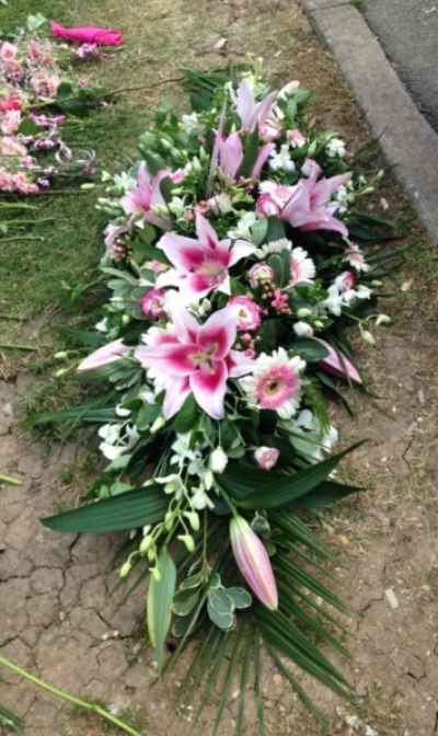 Pink Casket Spray - Pretty Casket Spray With Pink Lilies