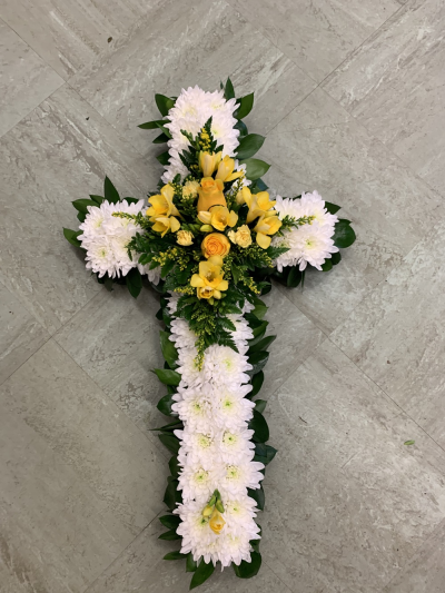 Yellow Cross - Traditional Cross With Freesia And Roses
Other Colours Available. Tribute Shown 24inches