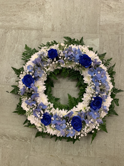 Blue Rose Wreath - Foliage Edge Wreath With Blue Roses Delphinium
Image Shown 12 inch