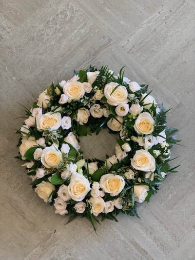 White Rose Wreath - 14 inch wreath made of roses freesia and lisianthus