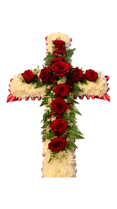 Red Rose Cross - White Based Cross With Large Spray Of  Red Roses
Foliage Or Ribbon Edge Available
Image Shown 4 FT