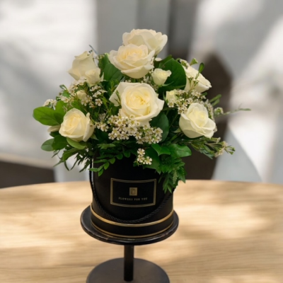 Elegant White Rose Hat Box - White Rose Hat Box Of 12 White Roses, White Spray Roses And Wax Flower
Image Shown Medium